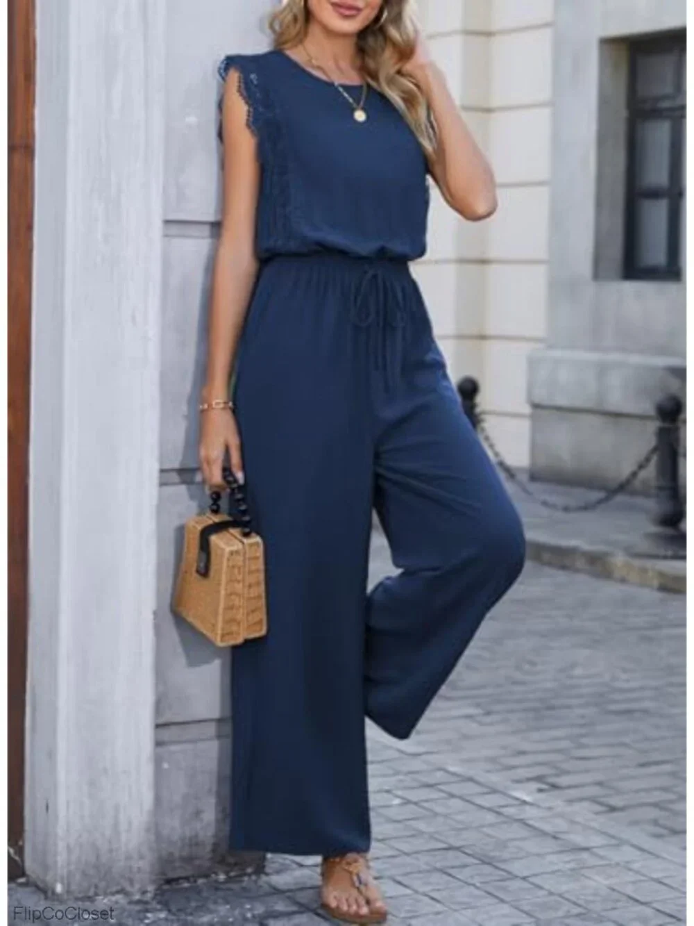 Lace Cap Sleeve Wide Leg Jumpsuit with Pockets